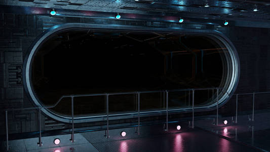 黑色技术宇宙飞船圆形窗口内部黑色背景3d 渲染