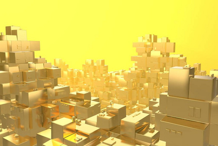 财富丰富概念理念黄金城市日落光线抽象空间背景. 3 d 例证渲染照片