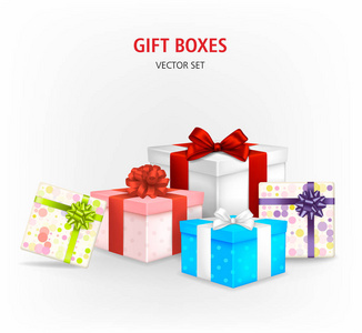 一套五颜六色的礼品盒, 带弓和丝带。Eps 10 矢量插画