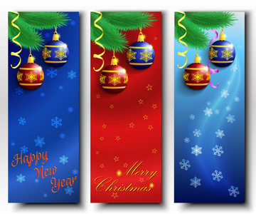 一套圣诞快乐和新年快乐的横幅, 有皮草树枝蛇形和圣诞球。向量例证