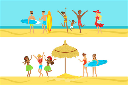 快乐的人,对热带海滩度假在夏威夷冲浪和住在海边照片