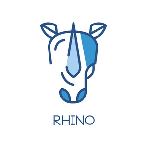 犀牛标志设计, 蓝色标签, 徽章或徽章与头犀牛动物媒介例证在白色背景