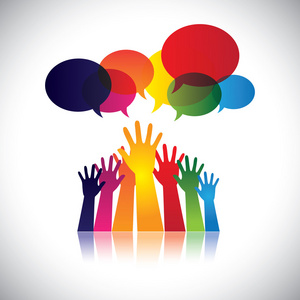 抽象的多彩手的人请求帮助,援助照片