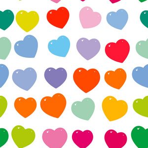 橙色粉红色紫色红色绿色蓝色心脏无缝图案在白色背景。向量例证