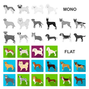 狗在集合的设计中滋生扁平的图标。狗宠物矢量符号股票网页插图
