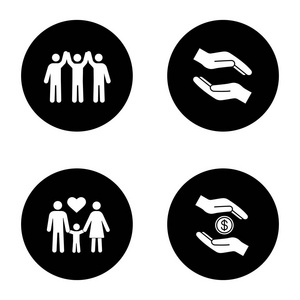 慈善铭文图标设置。帮助, 收养, 慈善组织。黑色圆圈中的矢量白色剪影插图