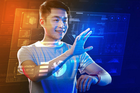 引擎的数字投影商人使用线框全息3d 数字投影发动机与手机基于模糊