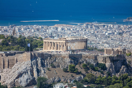 希腊雅典城卫城全景鸟瞰图, 从 lycabettus 山眺望照片
