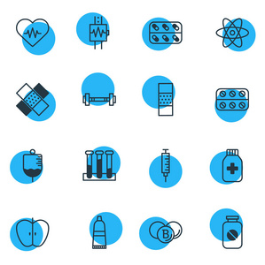 矢量图16医学图标线样式。可编辑的药丸瓶, 注射器, 牙膏和其他图标元素集