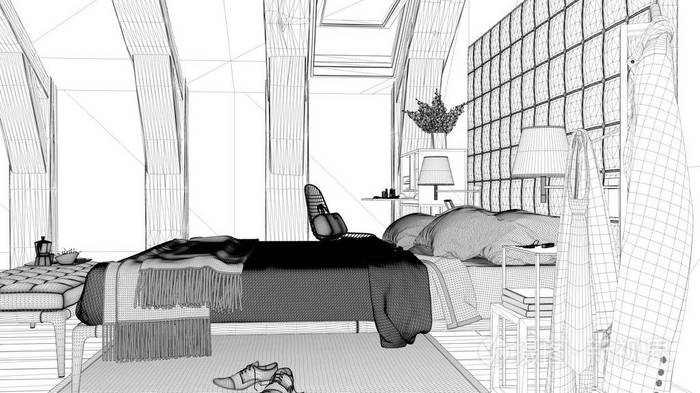 未完成的项目草稿现代灰色卧室在豪华阁楼, 床和地毯, 经典室内设计的