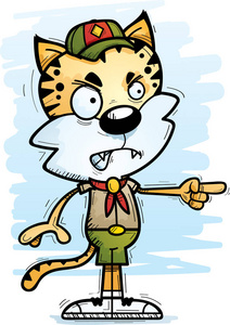 一个卡通的例证, 一只雄性山猫童军看着愤怒和指向