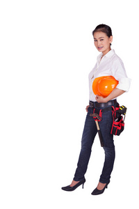 头戴橙色头盔的女工程师图片
