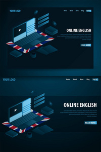 在线学习英语语言。教育理念, 在线培训。等距向量图
