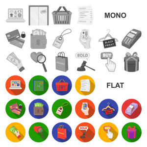 电子商务, 购买和销售平面图标集合中的设计。贸易和金融矢量符号股票 web 插图