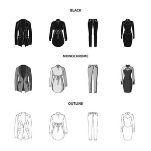 女式服装黑色, 单色, 轮廓图标在集合中进行设计。服装品种及配件矢量符号股票 web 插图