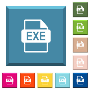 Exe 文件格式各种时髦颜色的边方形按钮上的白色图标
