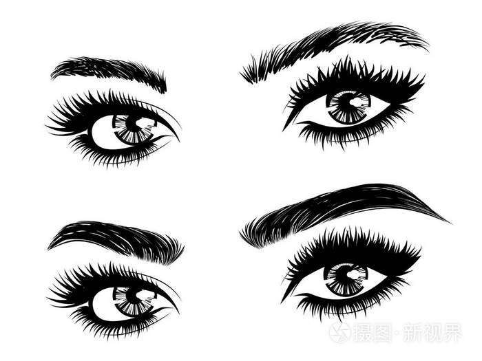 女性眼睛长睫毛和眉毛矫正前后的黑白插画 正版商用图片08pqf7 摄图新视界