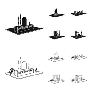 加工厂, 冶金厂。工厂和行业集合图标黑色, 轮廓样式等距矢量符号股票插画网站