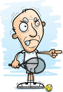 一个资深公民男子网球运动员看愤怒和指向的卡通插图
