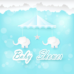 婴儿移动与大象, 星和云彩在蓝色。生日快乐卡。淋浴卡纸艺术风格插图
