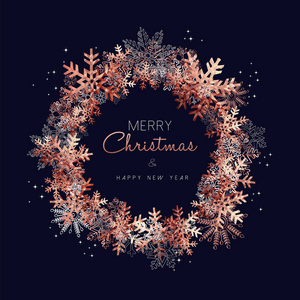 圣诞快乐贺卡设计与铜雪花装饰背景为寒假季节