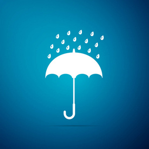 在蓝色背景下, 伞和雨滴图标被隔离。平面设计。矢量插图