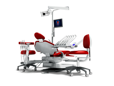 现代红色牙科椅和硼砂与光和显示器工作3d 渲染白色背景无阴影