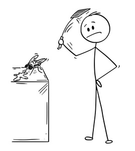 动画片的人击中和杀害苍蝇与拍或挡板或飞瓣照片