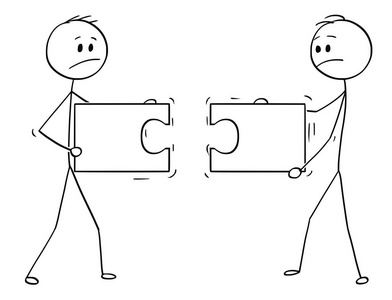 两个商人的卡通手, 试图连接不匹配阻碍拼图拼图照片