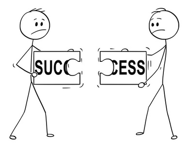 两个商人的卡通和尝试连接不匹配阻碍拼图拼图与成功文本照片