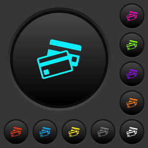信用卡深色按钮带有生动的颜色图标在深灰色背景上