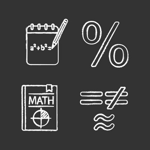 数学粉笔图标设置。粗略的草稿, 百分比, 教科书, 数学符号。孤立的矢量黑板插图