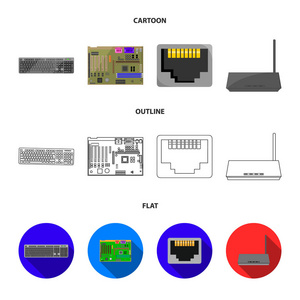 键盘路由器主板和连接器。个人计算机集合图标在卡通, 轮廓, 平面风格矢量符号股票插画网站