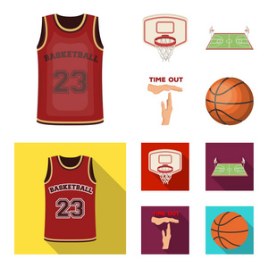 篮球和属性卡通, 平面图标在集集合为设计。篮球运动员与设备矢量符号股票 web 插图