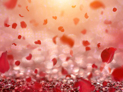 红闪闪发亮的闪光散景背景与光和玫瑰色花瓣秋天