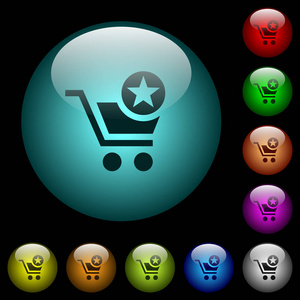 标记购物车项目图标在彩色照明球形玻璃按钮黑色背景。可用于黑色或深色模板