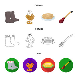 毛毡, 靴子, 烘干, 姜饼。俄罗斯国家集合图标在卡通, 轮廓, 平面风格矢量符号股票插画网站