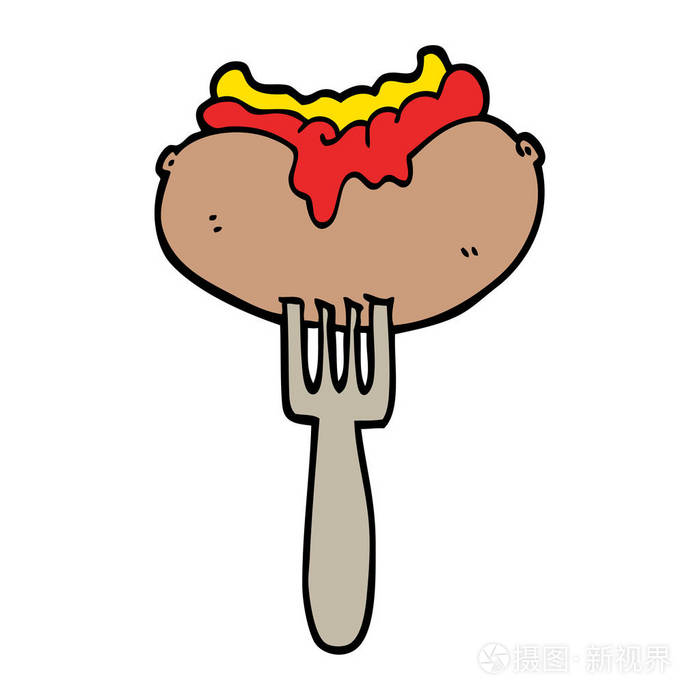手画涂鸦风格动画片热狗与芥末和番茄酱在叉子上