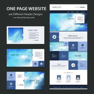 单页网站模板和不同的页眉设计与模糊的夕阳和多云天空背景平铺