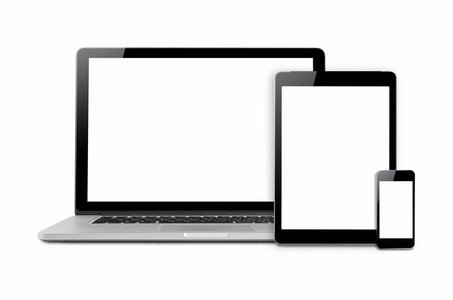 笔记本电脑平板电脑和手机。白色背景下电子小工具的样机图像