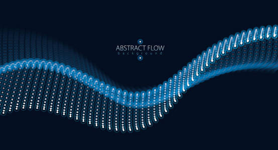 3d 粒子网状阵列波, 声音流动。模糊圆光矢量效果图。3d. 未来技术风格