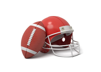3d 渲染一个红色的美式足球头盔在一个红色的椭圆形球附近的白色背景