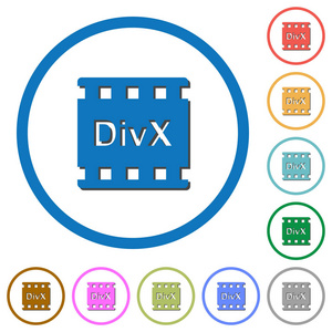 Divx 电影格式纯色矢量图标在白色背景的圆形轮廓中带有阴影