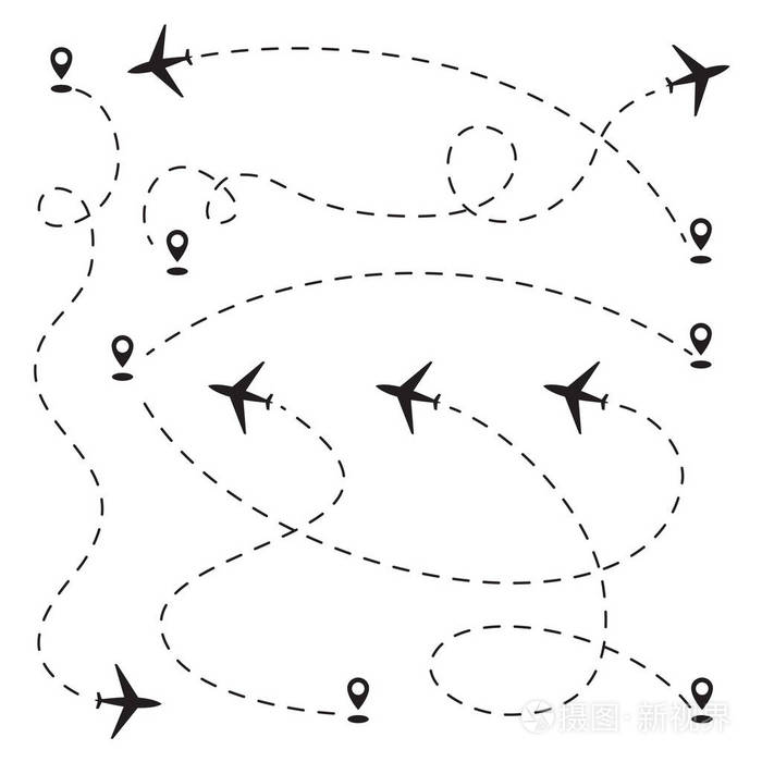 飞机虚线路径飞机跟踪跟踪或道路矢量插图飞机跟踪点线