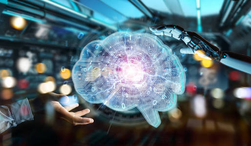 个 模糊背景下的机器人在数字大脑中创建人工智能3d 渲染 相似素材