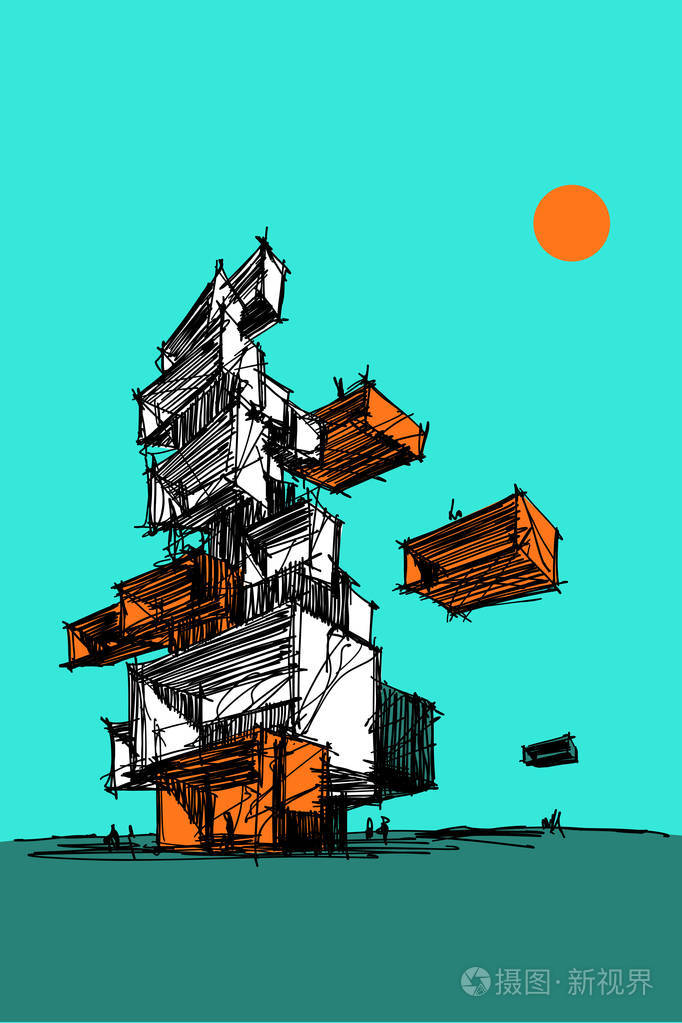 抽象现代未来建筑或塔的手绘插图