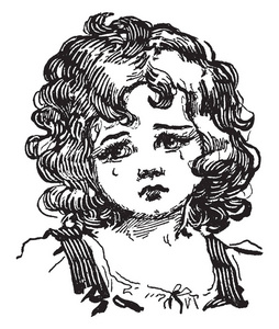 在这张图片, 复古线画或雕刻插图的卷发女孩哭