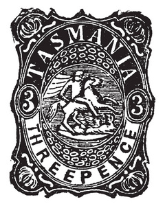 这个插图代表塔斯马尼亚三便士收入邮票在 1882年, 复古线画或雕刻插图