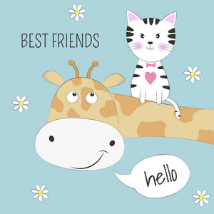 问候姐好动态图可爱的动物长颈鹿和猫最好的朋友.快乐的友谊日.