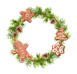 圣诞节花环与节日饼干。冬季水彩圣诞树树枝, 锥状